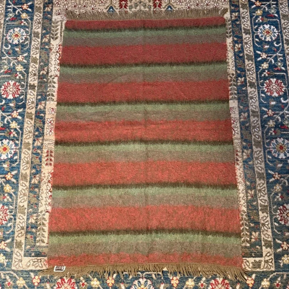 Vintage 60s Andrew Stewart Woven Scotland Mohair Wool Blanket Scarf Striped Shag